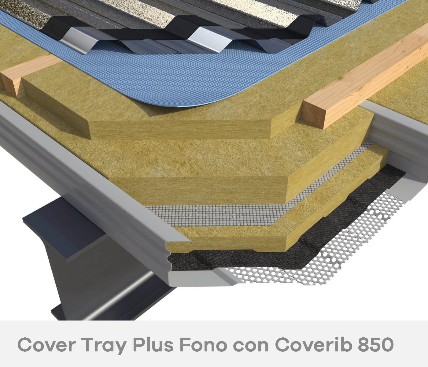 Cover Tray Plus Fono con Coverib, Sistema costruttivo strutturale portante per medie e grandi luci, rifinito con lastra multistrato Coverib all'estradosso.