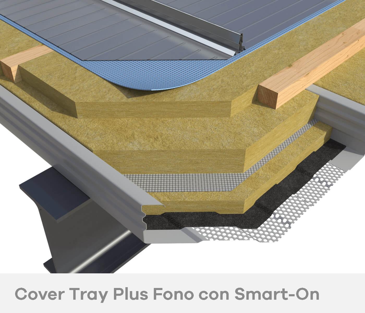 Cover Tray Plus Fono con Smart On, Sistema costruttivo strutturale portante per la correzione acustica degli ambienti interni agli edifici rifinito con lastra a giunto drenante Smart On all'estradosso.